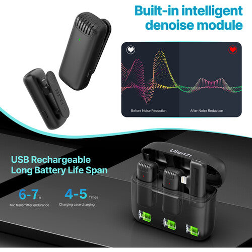 Ulanzi J12 Sistema de Micrófono Inalámbrico para 2 Personas con Conector Lightning y Estuche de Carga Negro