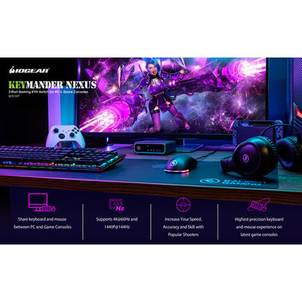 IOGEAR KeyMander Nexus 3 Puertos Switch KVM Gaming 4K 60Hz HDMI USB