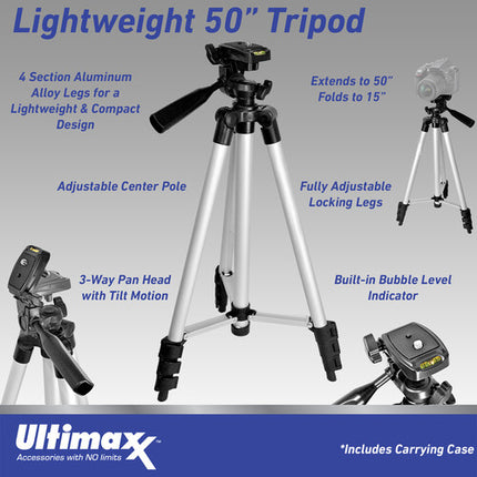 Ultimaxx UM-TR50 trípode de aluminio 50" con cabezal 3 vías y liberación rápida con funda