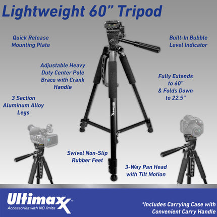 Ultimaxx UM-TR60BK trípode de aluminio 60 pulgadas altura máxima con cabeza 3 vías y liberación rápida negro