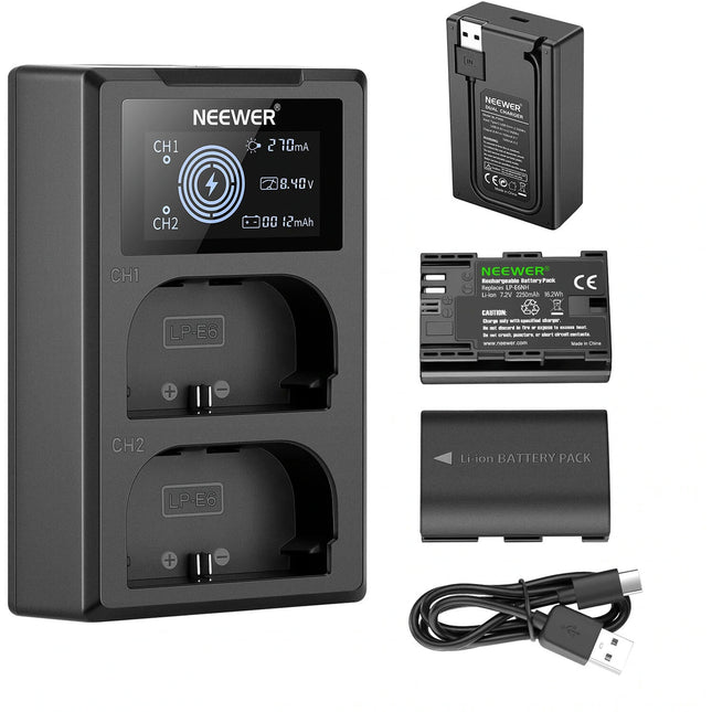 Neewer Cargador Dual USB con Pantalla LCD y 2 Baterías LP-E6NH 2250mAh 8.4V 1A