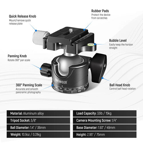 Neewer GM36 Cabezal Bola Bajo Perfil Capacidad 15kg Arca QR Plate 360°