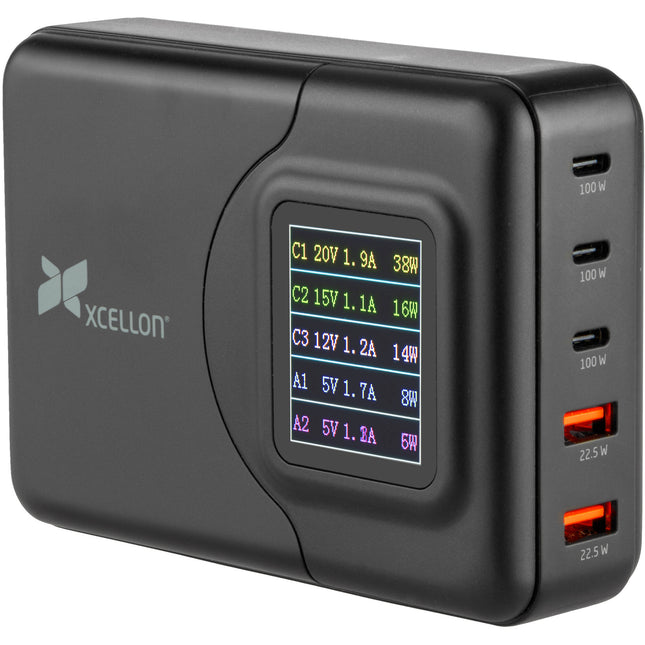 Xcellon PDG-5200L Cargador USB 5 Puertos 200W GaN con Pantalla LED