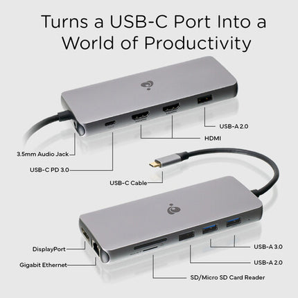 IOGEAR Dock USB Type-C 11 Puertos Triple HD Soporte 4K 60Hz Power Delivery 3.0
