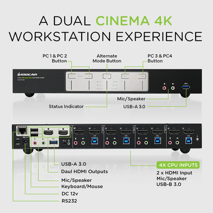 IOGEAR 4-Port 4K Dual View HDMI KVMP Switch con Hub USB 3.1 y Selector Remoto