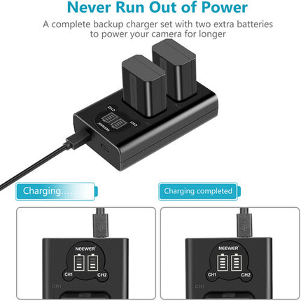 Neewer Cargador Dual de Baterías y Kit de 2 Baterías NP-FW50 1100mAh 7.4V con Pantalla LCD y Cable Micro-USB
