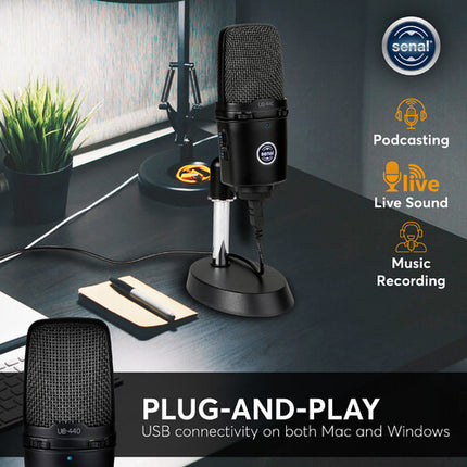 Senal UB-440 Micrófono USB Profesional Condensador Cardioide 16-Bit 48 kHz con Soporte y Cable