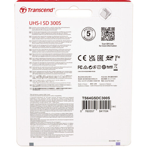 Transcend 64GB 300S Memoria SDXC UHS-I Clase 10 100MB/s Lectura
