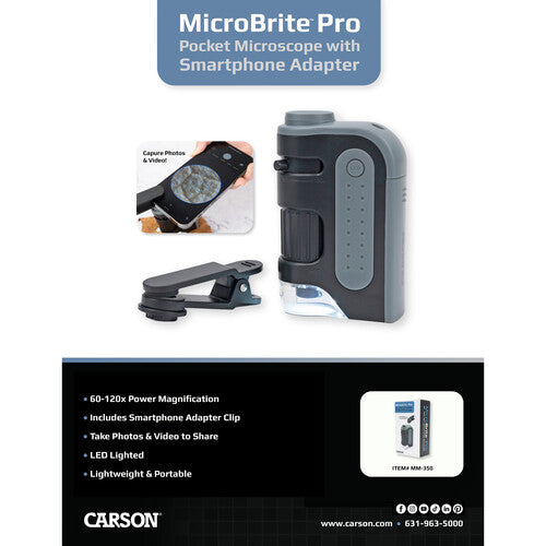 Carson MicroBrite Pro Microscopio de Bolsillo 60-120x con LED y Adaptador para Smartphone