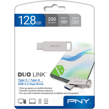 PNY 128GB DUO LINK USB 3.2 Gen 1 Memoria Flash Silver 200 MB/s