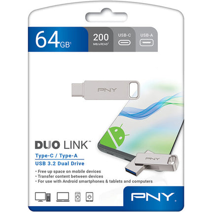 PNY 64GB DUO LINK Memoria USB 3.2 Gen 1 200 MB/s Plata