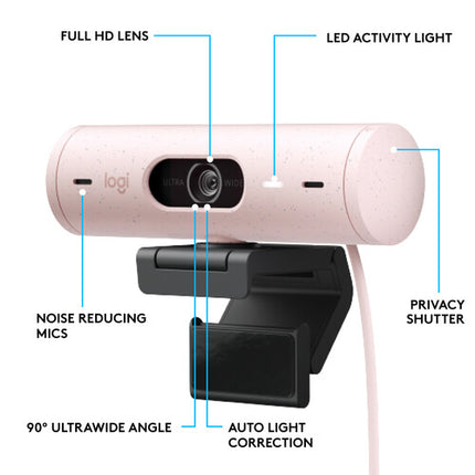 Logitech Brio 500 Webcam Full HD 1080p 30 fps 90° Campo de Visión y Auriculares Inalámbricos Zone Vibe 100 Rosa