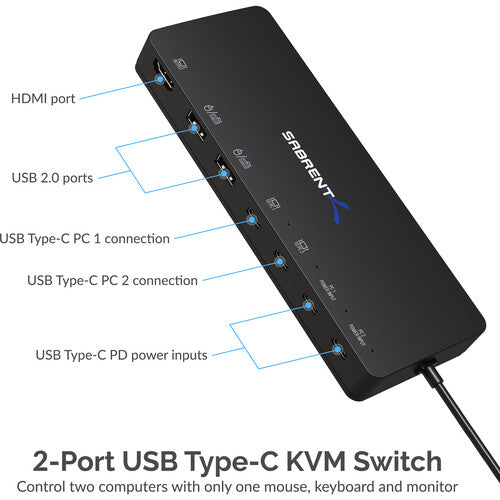 Sabrent 2-Port USB Type-C KVM Switch con HDMI 4K60 y 60W PD con Soporte de Montaje