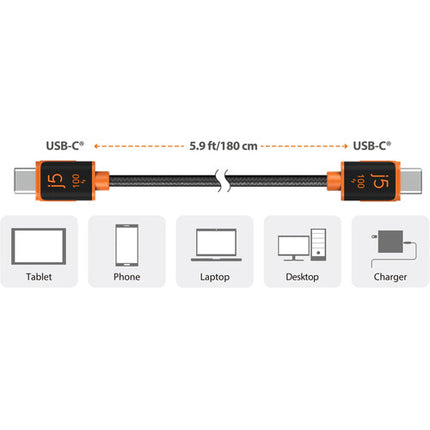j5create Cable USB-C 100W 1.8m Doble Trenzado Carga Rápida