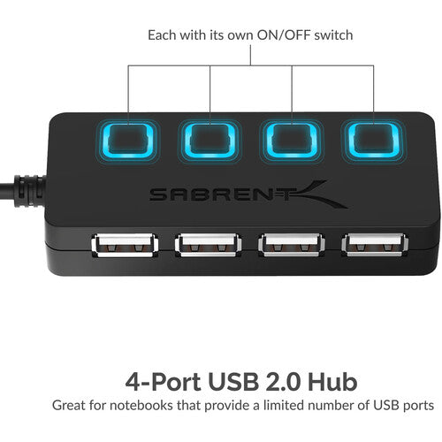 Sabrent Hub USB 2.0 4 Puertos con Interruptores y Cable Integrado Negro