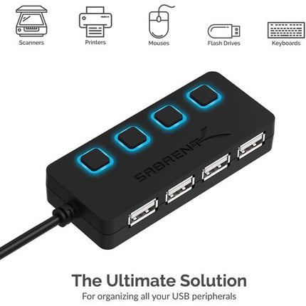 Sabrent Hub USB 2.0 4 Puertos con Interruptores y Cable Integrado Negro
