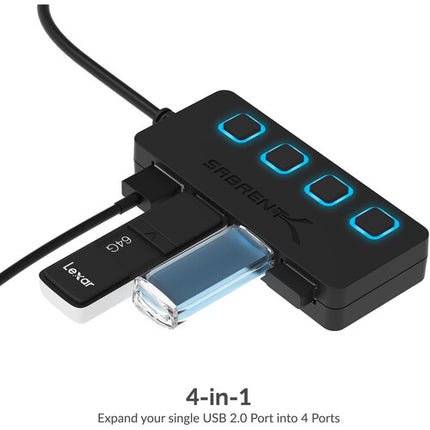 Sabrent Hub USB 2.0 4 Puertos con Interruptores y Cable Integrado Negro