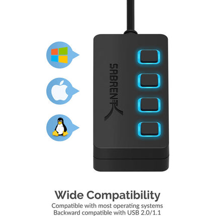 Sabrent Hub USB 2.0 4 Puertos con Interruptores y Cable Integrado Negro