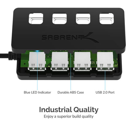 Sabrent Hub USB 2.0 4 Puertos con Interruptores y Cable Integrado Negro