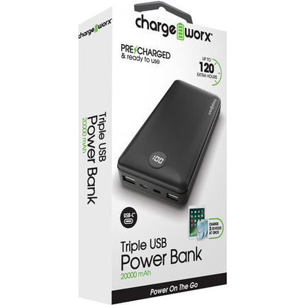 ChargeWorx Power Bank 20000mAh Triple USB Puerto C Negro