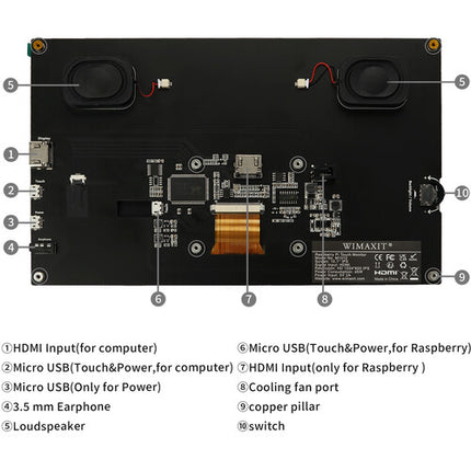 Wimaxit M1012 Pantalla Táctil 10.1" IPS 1024x600 con Altavoces para Raspberry Pi
