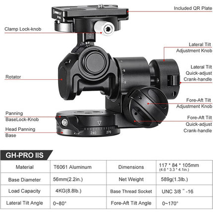 Sunwayfoto GH-PROIIS Cabezal de Trípode Engranado 4.1 Pulgadas 8.8 lb Capacidad