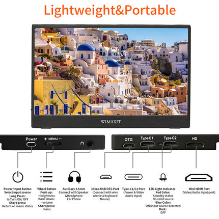 Wimaxit M1331CV2 Monitor portátil 13.3" HDR Full HD 1920x1280 300 nits con cables y funda