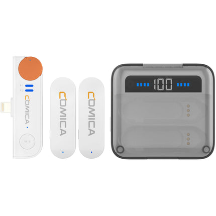 Comica Audio Vimo S MI sistema de micrófono inalámbrico para 2 personas con conector Lightning para iOS blanco 2.4 GHz alcance 200 m batería con estuche de carga