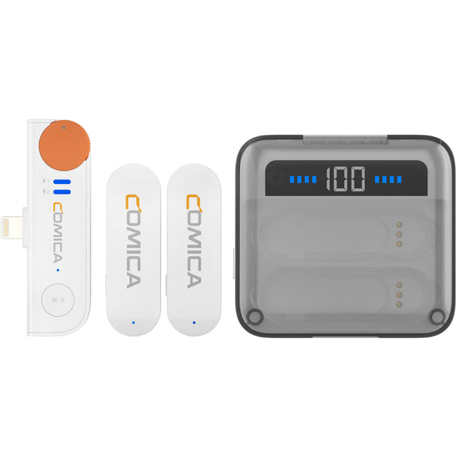 Comica Audio Vimo S MI sistema de micrófono inalámbrico para 2 personas con conector Lightning para iOS blanco 2.4 GHz alcance 200 m batería con estuche de carga