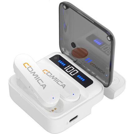 Comica Audio Vimo S MI sistema de micrófono inalámbrico para 2 personas con conector Lightning para iOS blanco 2.4 GHz alcance 200 m batería con estuche de carga