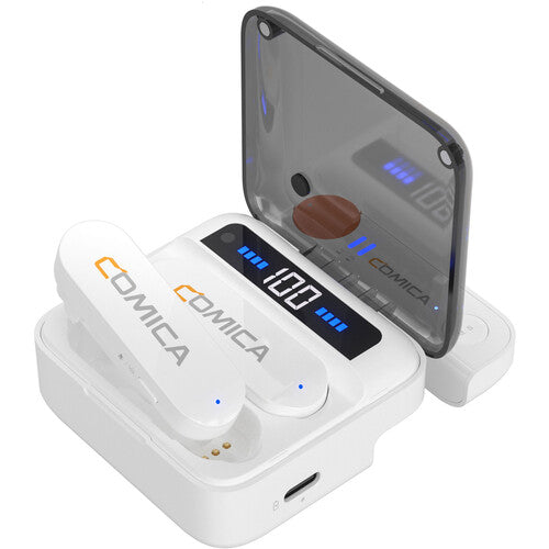 Comica Audio Vimo S MI sistema de micrófono inalámbrico para 2 personas con conector Lightning para iOS blanco 2.4 GHz alcance 200 m batería con estuche de carga