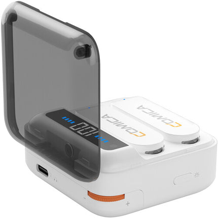 Comica Audio Vimo S MI sistema de micrófono inalámbrico para 2 personas con conector Lightning para iOS blanco 2.4 GHz alcance 200 m batería con estuche de carga