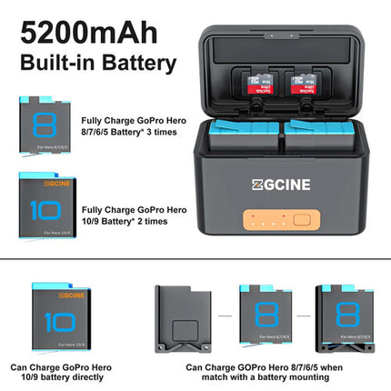 ZGCINE PS-G10 Estuche Mini de Carga para Baterías GoPro con 2 Ranuras y Batería 5200mAh