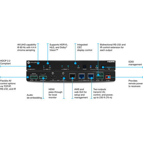 Atlona 2-Output 4K HDR HDMI a HDBaseT Amplificador de Distribución 130' HDR10
