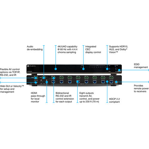 Atlona 8-Output 4K HDR HDMI a HDBaseT Amplificador con soporte 130 pies HDR10 HLG Dolby Vision