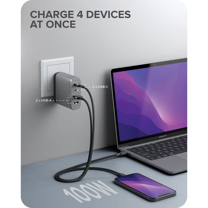 ALOGIC 100W Cargador USB PD GaN 4 Puertos con 2 USB-C 2 USB-A Gris