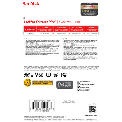 SanDisk 128GB Extreme PRO UHS-II Tarjeta de Memoria SDXC V60 280MB/s