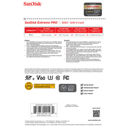 SanDisk 1TB Extreme PRO UHS-II Tarjeta de Memoria SDXC V60 U3 Clase 10
