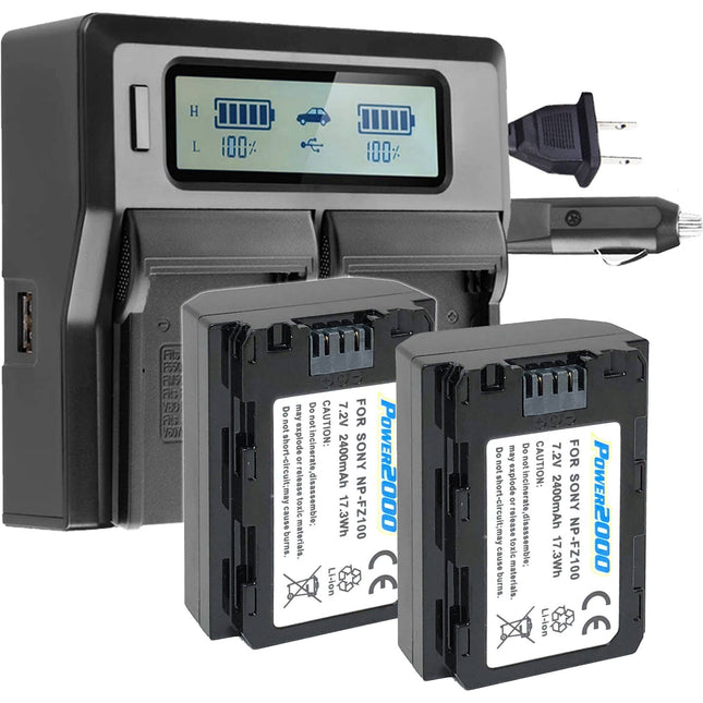 Power2000 Cargador Dual LCD con 2 Baterías Sony NP-FZ100 2400mAh