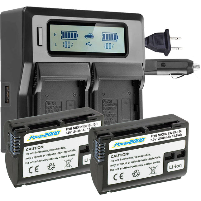 Power2000 Dos Baterías Nikon EN-EL15C con Cargador Dual LCD y Proteccion Contra Sobrecalentamiento