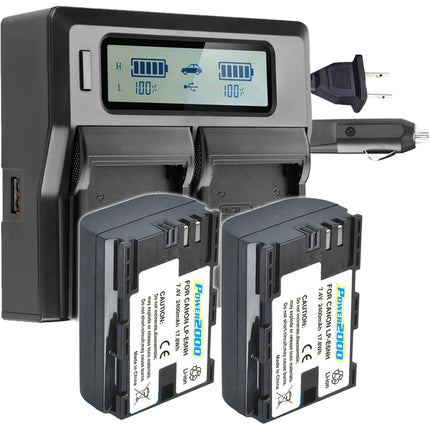 Power2000 Dos Baterías Canon LP-E6NH Tipo con Cargador LCD Dual-Bahía