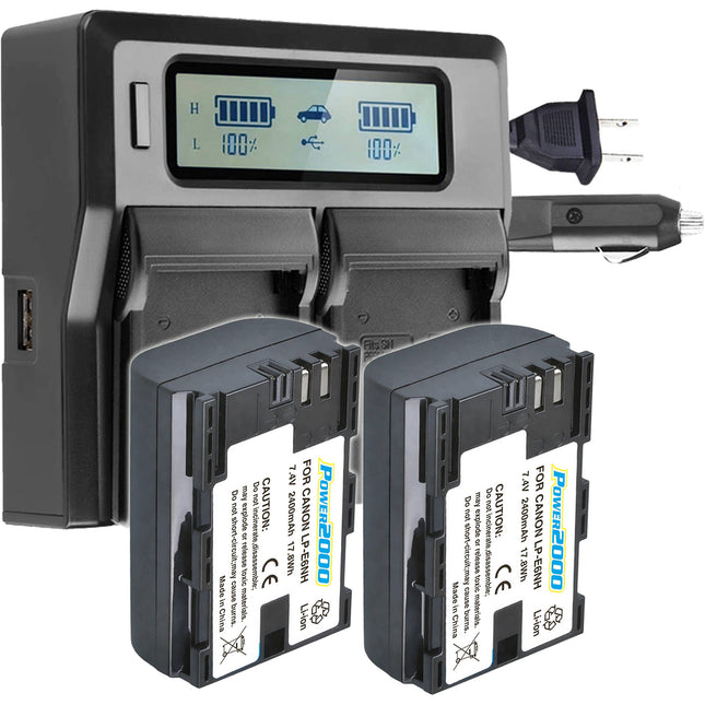 Power2000 Dos Baterías Canon LP-E6NH Tipo con Cargador LCD Dual-Bahía