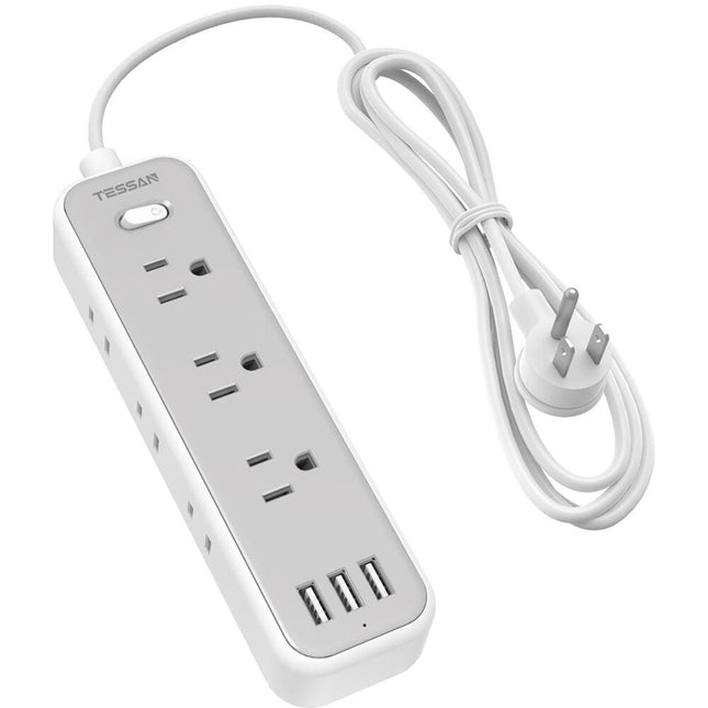 Tessan Regleta 9 Enchufes 3 Puertos USB 1250W Cable 6 Pies Blanco Gris