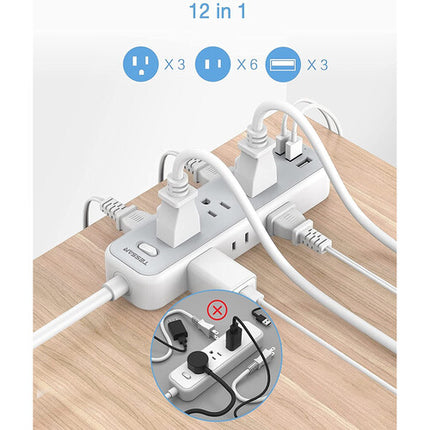 Tessan Regleta 9 Enchufes 3 Puertos USB 1250W Cable 6 Pies Blanco Gris