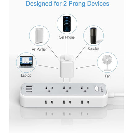 Tessan Regleta 9 Enchufes 3 Puertos USB 1250W Cable 6 Pies Blanco Gris