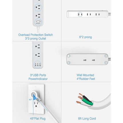 Tessan Regleta 9 Enchufes 3 Puertos USB 1250W Cable 6 Pies Blanco Gris