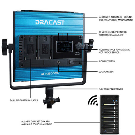 Dracast X Series LED500 Panel de luz LED bicolor 8x8 3200-5600K 836 Lux con difusor y estuche