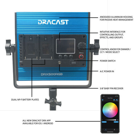 Dracast X Series LED500 RGB Panel LED 8x8 Pulgadas 924 Lux 2800-8000K Estuche y Difusor