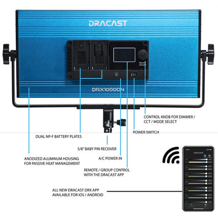 Dracast X Series LED1000 Panel LED Luz Diaria 1480 Lux 17x8 Pulg AC DC