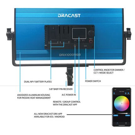 Dracast X Series LED1000 Panel LED RGB para video 1375 Lux 19.5x10.5" con Estuche